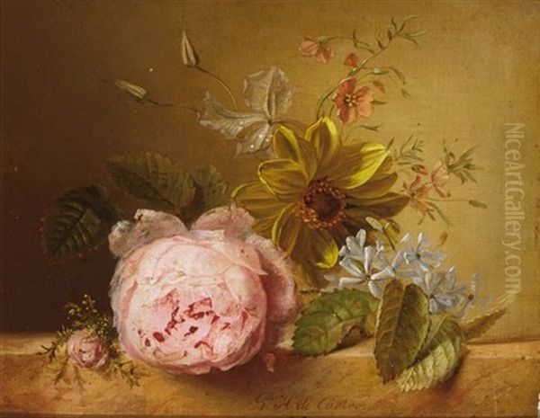 A Still Life With Peonies On A Ledge Oil Painting by Gabriel Henriques De Castro