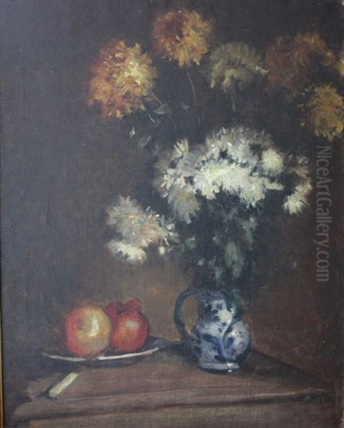 Nature Morte Au Bouquet De Fleurs Et Assiettes De Fruits Oil Painting by Paul De Castro