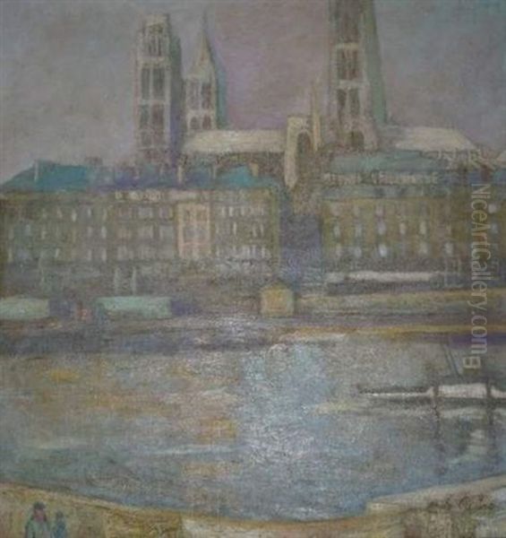 La Seine A Rouen Oil Painting by Paul De Castro