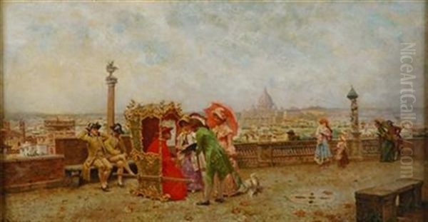 View Of Rome From The Hills Above The Piazza Del Populo, With Figures In 18th Century Dress Oil Painting by Louis Alvarez Catala