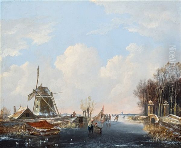 Dutch Winter Scene With Skaters And Koek-en-zopie Oil Painting by Hendrik Gerrit ten Cate