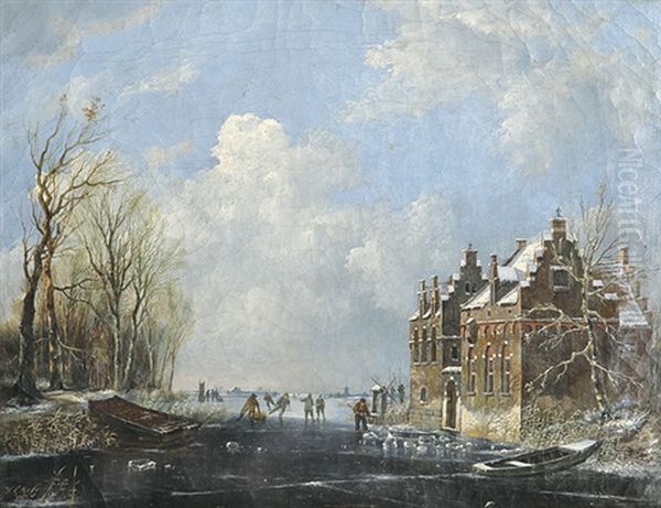 Hollandische Winterlandschaft Mit Schlittschuhlaufern Auf Einem Gefrorenen Kanal Oil Painting by Hendrik Gerrit ten Cate