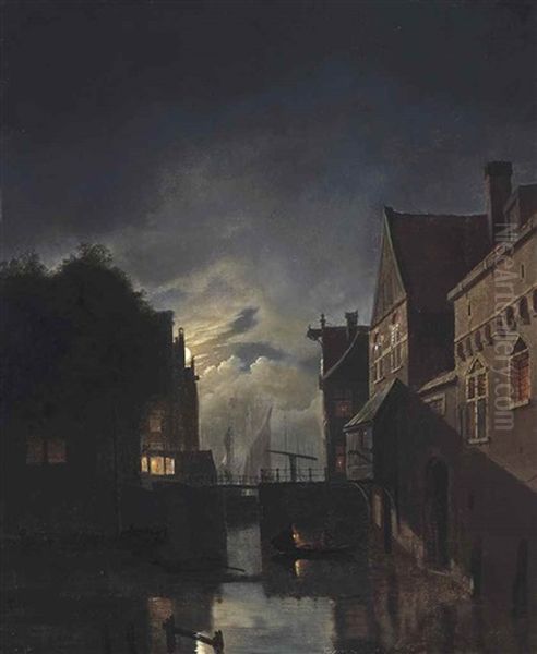 Moonlit Landscape Of A Canal, Amsterdam Oil Painting by Hendrik Gerrit ten Cate