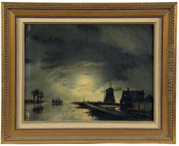 Canal De Hollande Au Clair De Lune Oil Painting by Hendrik Gerrit ten Cate