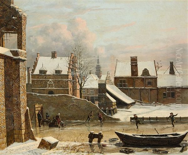 View Of A City In Winter With Ice Skaters Oil Painting by Hendrik Gerrit ten Cate