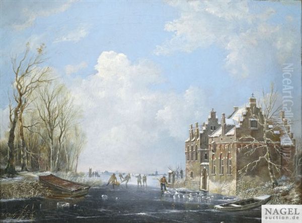 Hollandische Winterlandschaft Mit Schlittschuhlaufern Auf Einem Gefrorenen Kanal Oil Painting by Hendrik Gerrit ten Cate