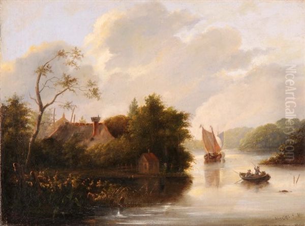 Flusslandschaft Mit Segel- Und Ruderboot Oil Painting by Hendrik Gerrit ten Cate