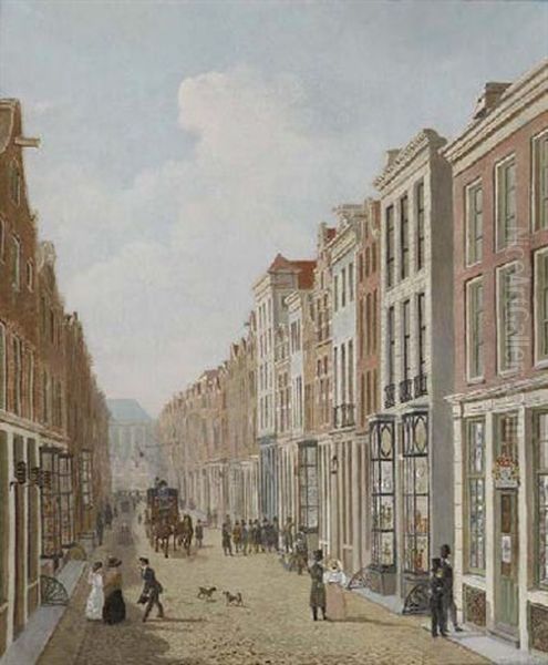 The Kalverstraat, Looking Towards The Dam, Amsterdam, With The Niewe Kerk Beyond Oil Painting by Hendrik Gerrit ten Cate