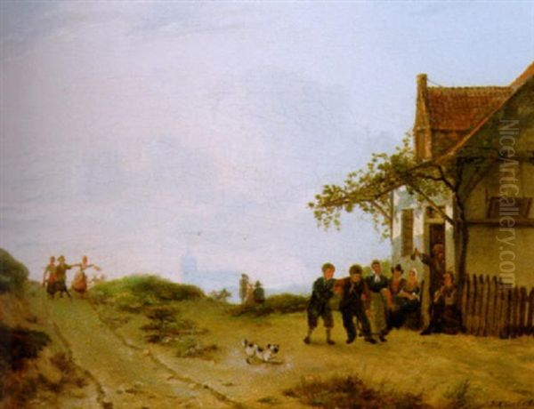 Feiernde Bauern An Einem Wirsthaus Vor Scheveningen Oil Painting by Hendrik Gerrit ten Cate