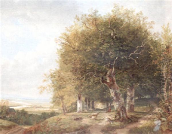 A Wooded Landscape Oil Painting by Hendrik Gerrit ten Cate