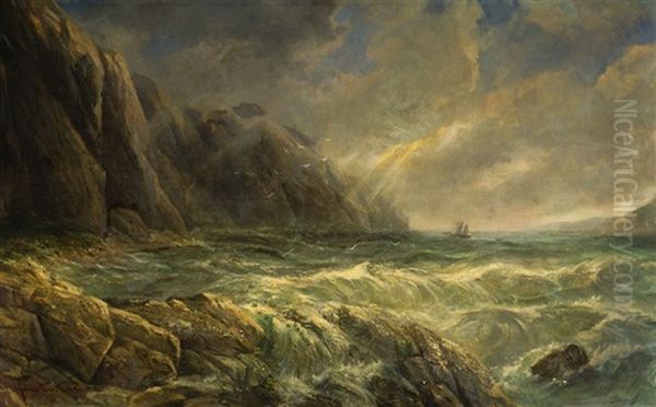 Ship Near A Rocky Coast Oil Painting by Jan Jacob Lodewijk ten Cate