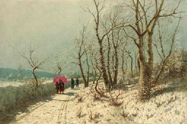 An Afternoon Stroll In The Snow Oil Painting by Jan Jacob Lodewijk ten Cate