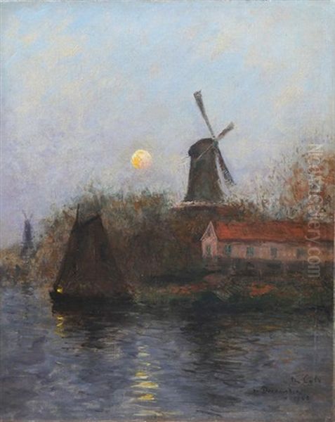 Voiliers Et Moulin Au Clair De Lune, 31 Decembre Oil Painting by Siebe Johannes ten Cate