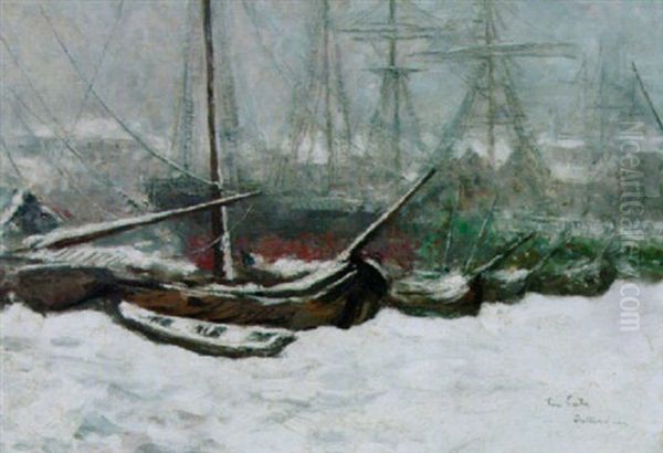 Ships In The Snow, Rotterdam Oil Painting by Siebe Johannes ten Cate