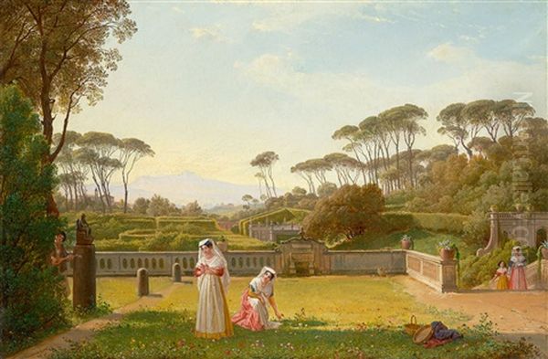 Ansicht Der Gartenterrassen Der Villa Doria-pamphilj Mit Musikalischem Standchen Als Staffage Und Blick Auf Die Kirche San Pancrazio Oil Painting by Franz Ludwig Catel