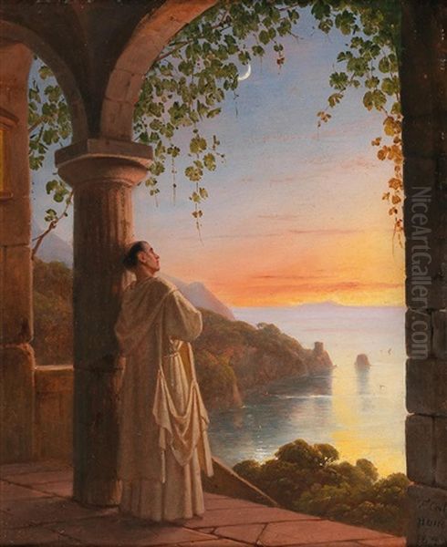 Monk In The Cloister On The Island Of Capri Oil Painting by Franz Ludwig Catel