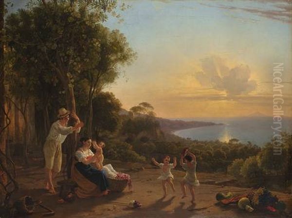 Familienszene Mit Tanzenden Kindern Bei Sonnenuntergang Am Golf Von Neapel Mit Blick Auf Die Insel Capri Oil Painting by Franz Ludwig Catel