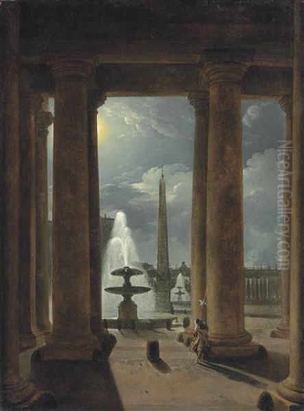 A Swiss Guard In The Portico Of The Basilica, Rome, By Moonlight Oil Painting by Franz Ludwig Catel