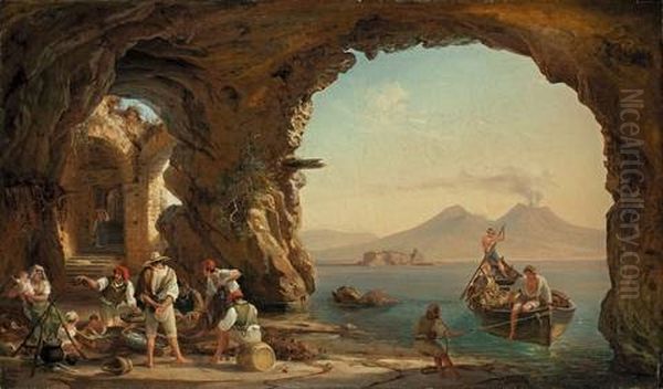 Heimkehrende Fischer In Einer Grotte Nahe Des Palazzo Donn'anna Am Capo Posilippo Mit Blick Uber Den Golf Von Neapel Auf Den Vesuv Oil Painting by Franz Ludwig Catel