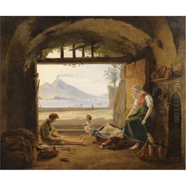 Fischer In Mergellina, Neapel-neapolitan Fishermen In Mergellina, The Castel Dell'ovo And Vesuvius Beyond Oil Painting by Franz Ludwig Catel