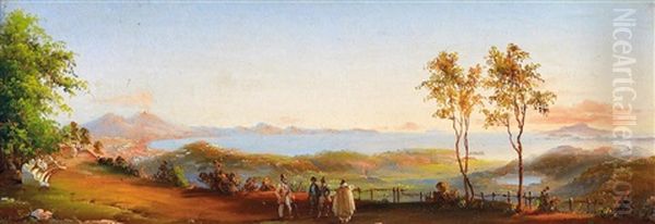 Neapel. Blick Von Einer Anhohe Auf Die Stadt Im Abendrot. Im Hintergrund Der Rauchende Vesuv Oil Painting by Franz Ludwig Catel