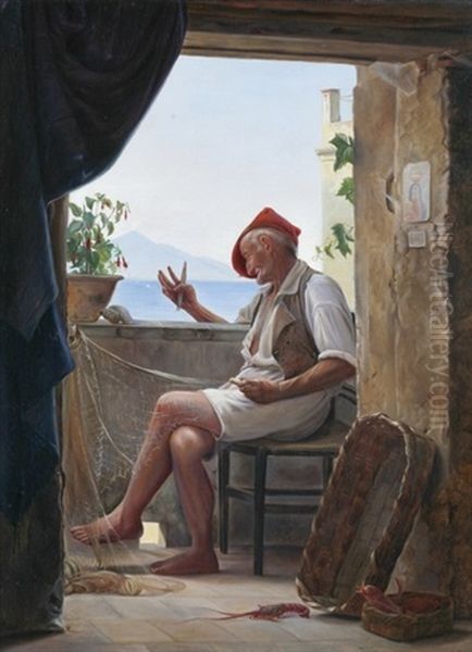 Alter Caprifischer Beim Flicken Eines Netzes Auf Der Terrasse Seines Hauses Mit Weitem Blick Uber Das Meer Auf Den Vesuv Oil Painting by Franz Ludwig Catel