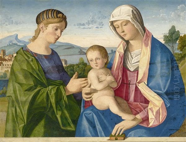 The Madonna And Child With A Female Saint Before A Parapet, A Landscape Beyond Oil Painting by Vincenzo Catena