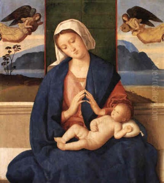 Madonna And Child With Music-making Angels Above by Vincenzo Catena