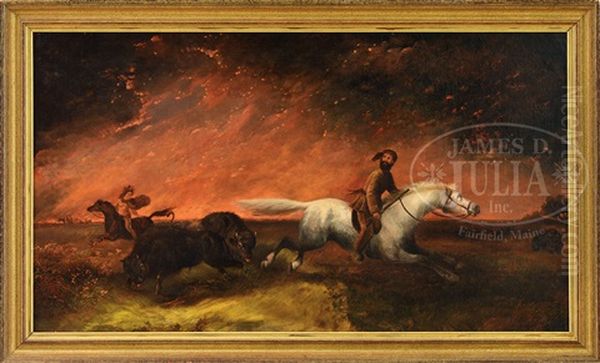 Buffalo And Hunters Fleeing A Great Fire Oil Painting by George Catlin