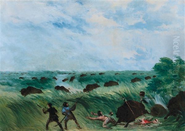 Stampede Of A Buffalo Herd Oil Painting by George Catlin