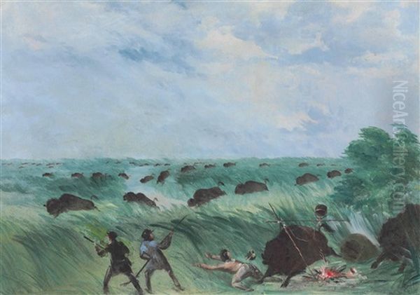 Batiste Is Run Over, And Loses His Bouillon, In The Nishnabottana Meadows Oil Painting by George Catlin