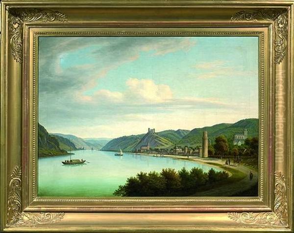 Rheinlandschaft Mit Blick Auf Oberwesel Mit Liebfrauenkirche, Ochsenturm Und Burg Schonberg, Im Hintergrund Die Burg Pfalzgrafenstein Oil Painting by Louis Johann Ludwig Catoir