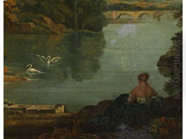 Jeune Femme Au Repos Devant Un Lac Anime De Cygnes Oil Painting by Pierre Catrufo