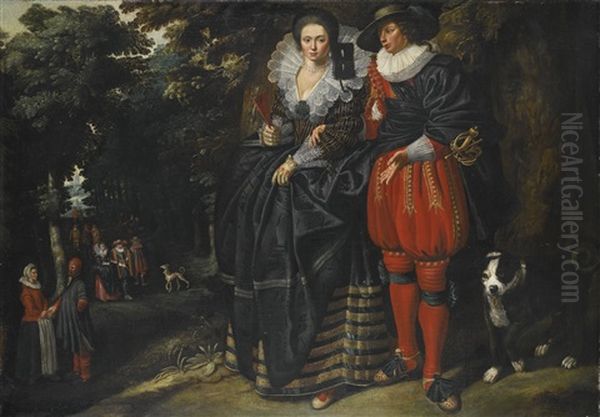 An Elegant Couple With A Dog, In A Forested Landscape With Other Figures In The Background, Possibly An Allegory Of Summer Oil Painting by Dirck van Cats