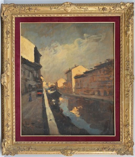 Milano.scorcio Del Naviglio Oil Painting by Achille Cattaneo