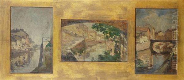 Scorci Dei Navigli (set Of 3 In 1 Frame) Oil Painting by Achille Cattaneo