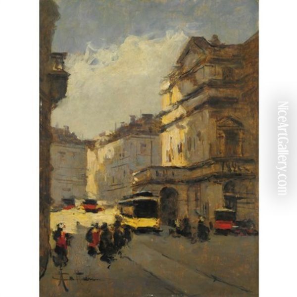 Naviglio Innevato (+ Piazza Scala, Lrgr; 2 Works) Oil Painting by Achille Cattaneo