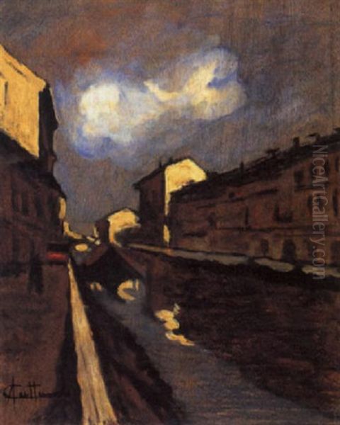 Milano, Scorcio Del Naviglio Oil Painting by Achille Cattaneo