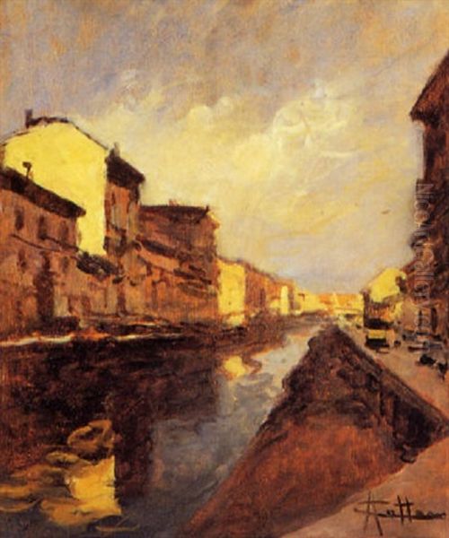 Naviglio Milanese Oil Painting by Achille Cattaneo