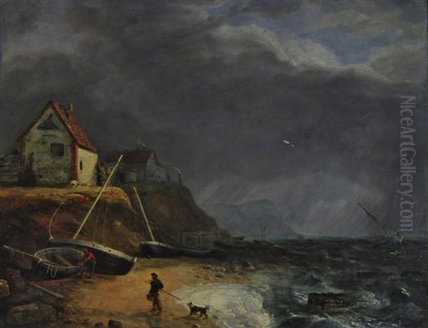 Fisherfolk On A Beach (possibly Mundesley), Approaching Storm Oil Painting by Charles Catton the Younger