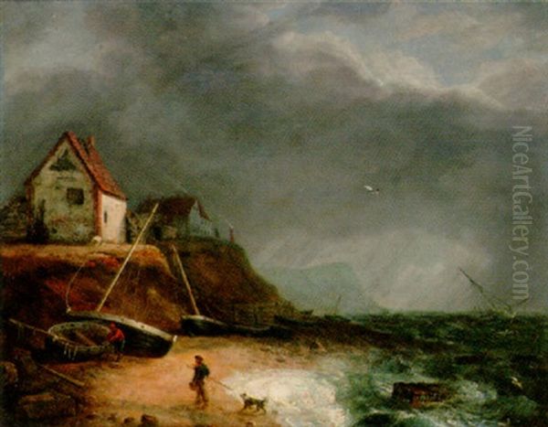 Fisherfolk On The Beach Before An Approaching Storm Oil Painting by Charles Catton the Younger