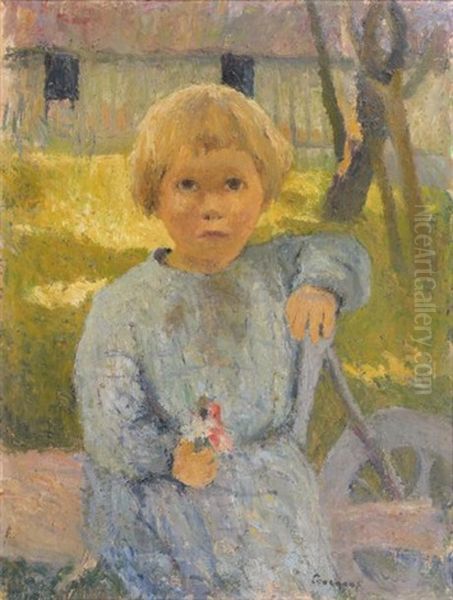 Enfant Assis Tenant Un Bouquet De Fleurettes Oil Painting by Marcel Cauchoux