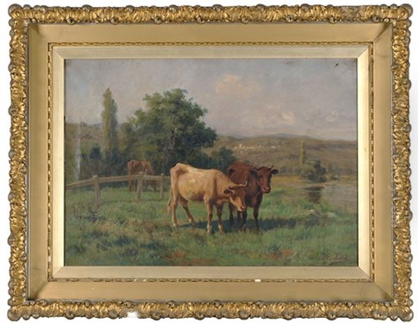 Cows In A Pasture Oil Painting by Martin Caulaud