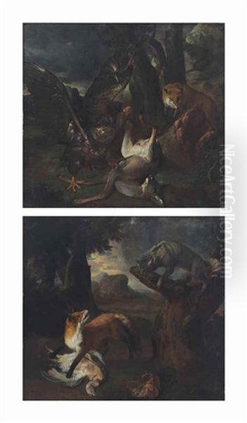 A Fox And A Wild Cat Fighting Over A Turkey; And An Eagle Attacking A Deer With A Fox Looking On Oil Painting by Peter Caulitz