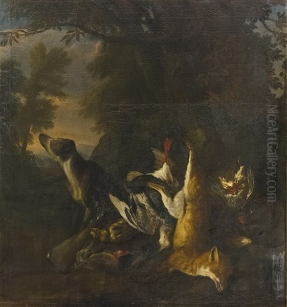 A Dead Fox And Goose At The Foot Of A Tree With A Hound In A Landscape Oil Painting by Peter Caulitz