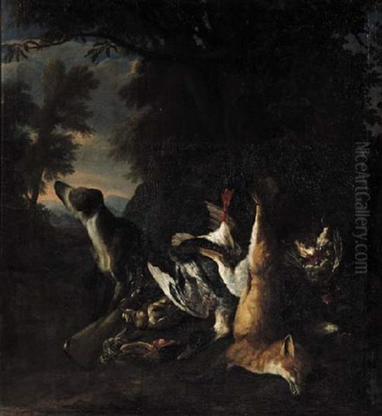 A Hound, A Dead Red Fox, A Dead Mallard, A Grey Partridge, A Woodcock And A Bullfinch At The Foot Of A Tree At The Edge Of A Wood Oil Painting by Peter Caulitz