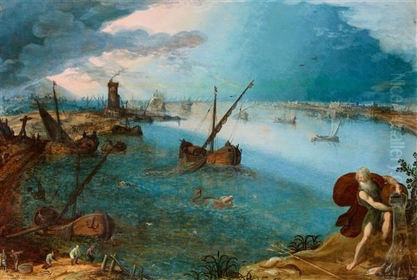 Harbour Panorama With Fishermen And Neptune Oil Painting by Louis de Caullery