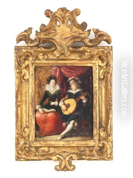 Two Of The Five Senses: Elegant Figures Embracing; And An Elegant Couple Making Music (2) Oil Painting by Louis de Caullery