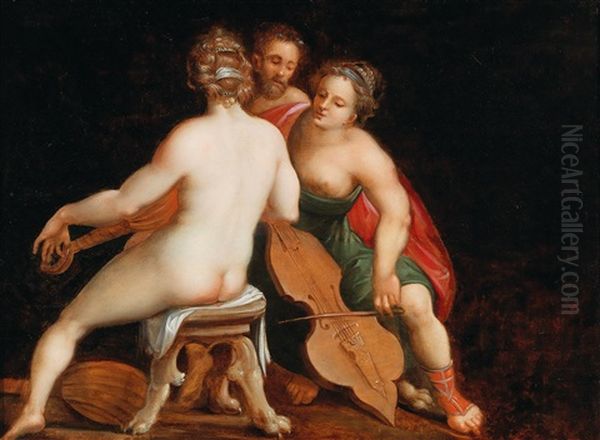 Two Naked Music-making Women Enthrall An Old Man Oil Painting by Louis de Caullery