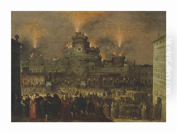 A Fireworks Display At The Castel Sant' Angelo, Rome Oil Painting by Louis de Caullery